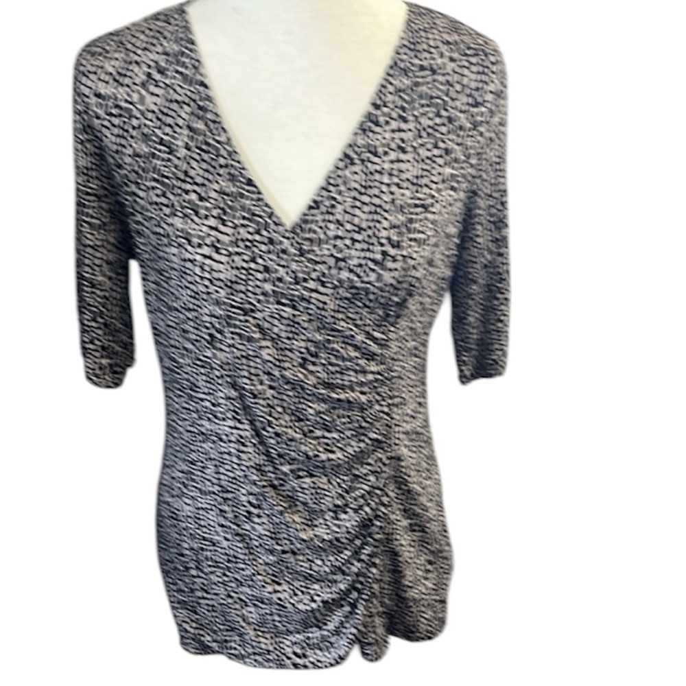 Dana Buchman Women Pullover S Short Sleeve Black Tan Blouse Crossover Front Top